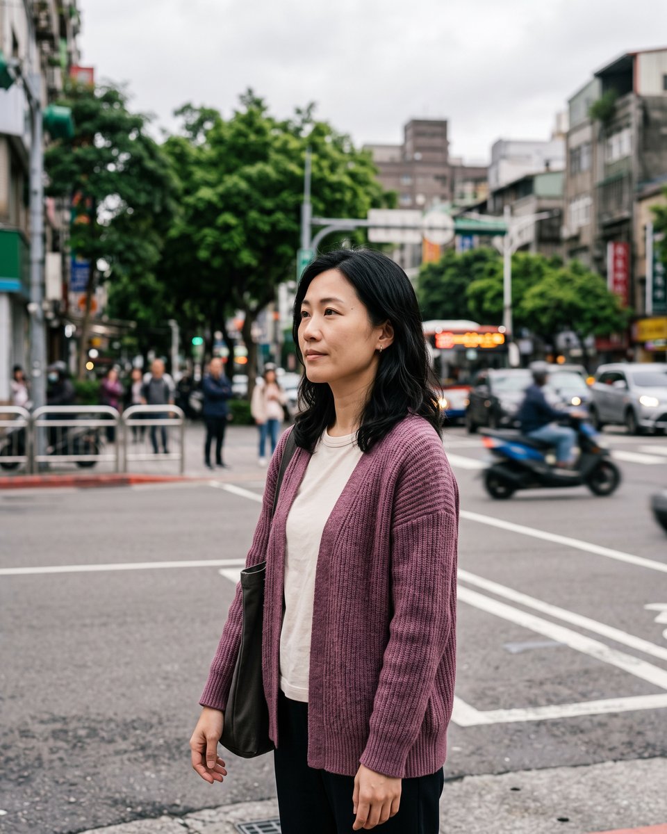Naomi 站在台北的街角等紅燈，穿著紫灰色針織外套